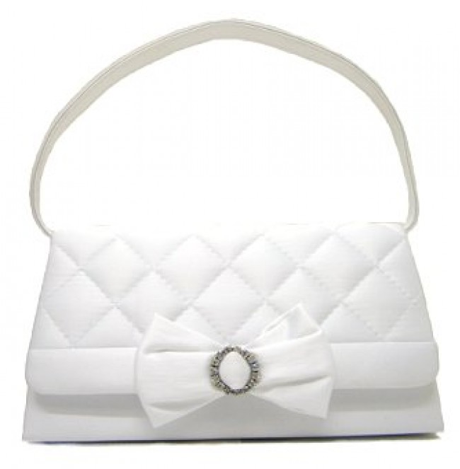 Evening Bag - Satin Quilted w/ Bow &ndash; White &ndash; BG-38228WT
